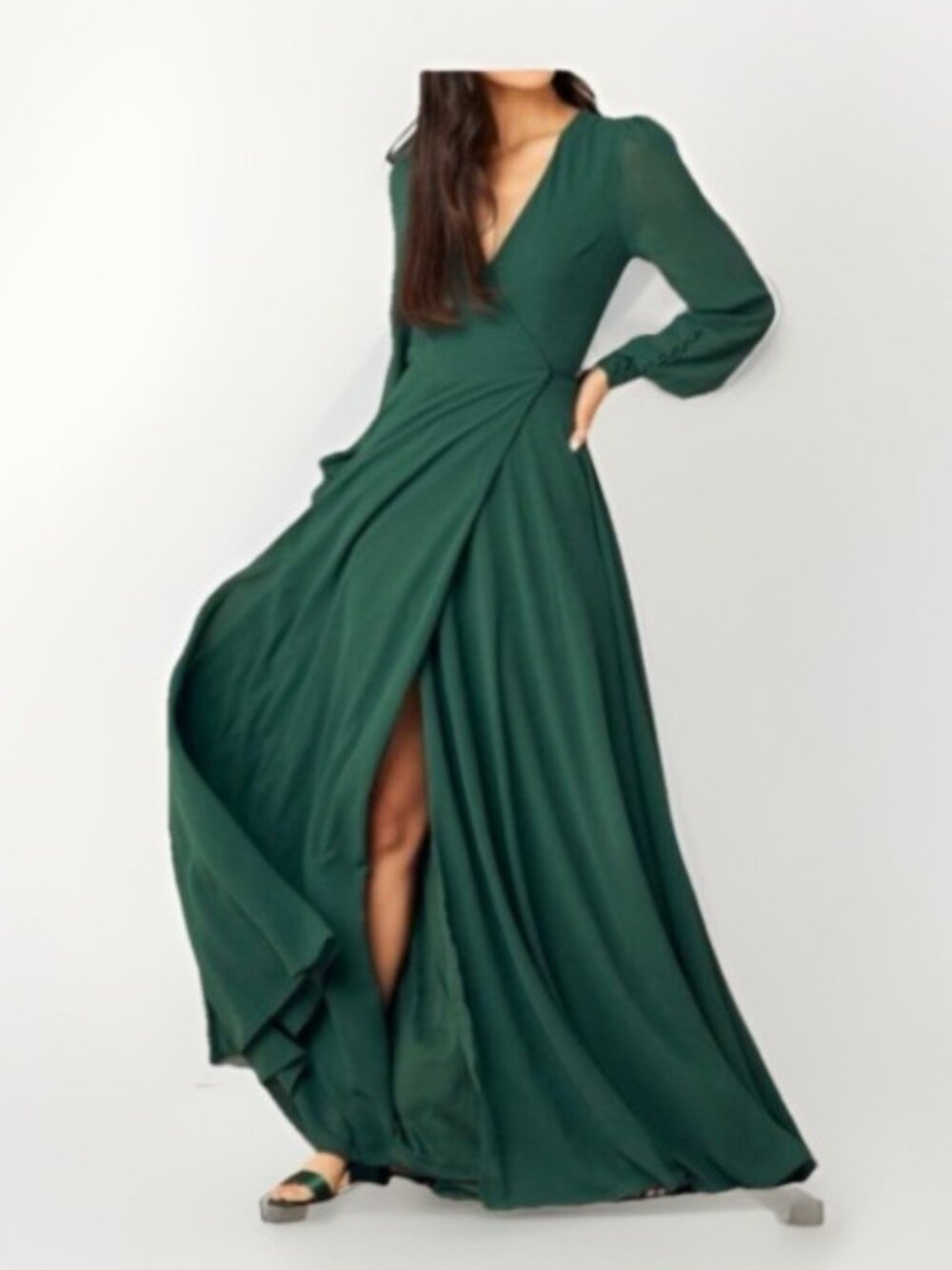 Lulus Emerald Green Long Sleeve Maxi Dress Slit Button Detail Formal Gown NWT